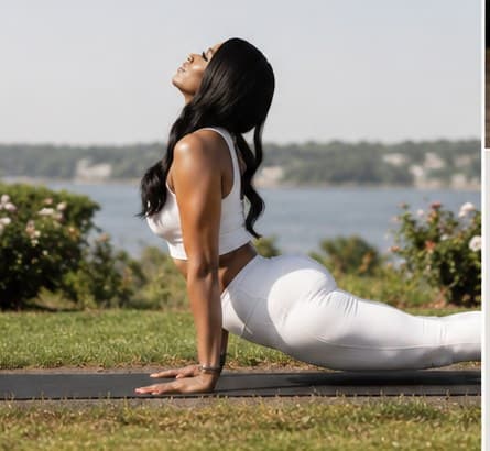 Latrice Traylor in cobra pose by the water, from her own brand photography
