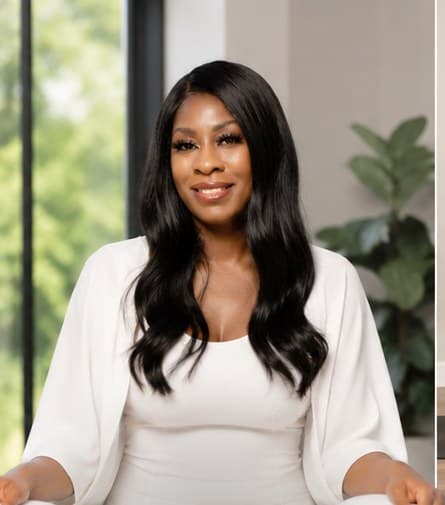 Latrice Traylor seated cross-legged in white activewear, from her own brand photography
