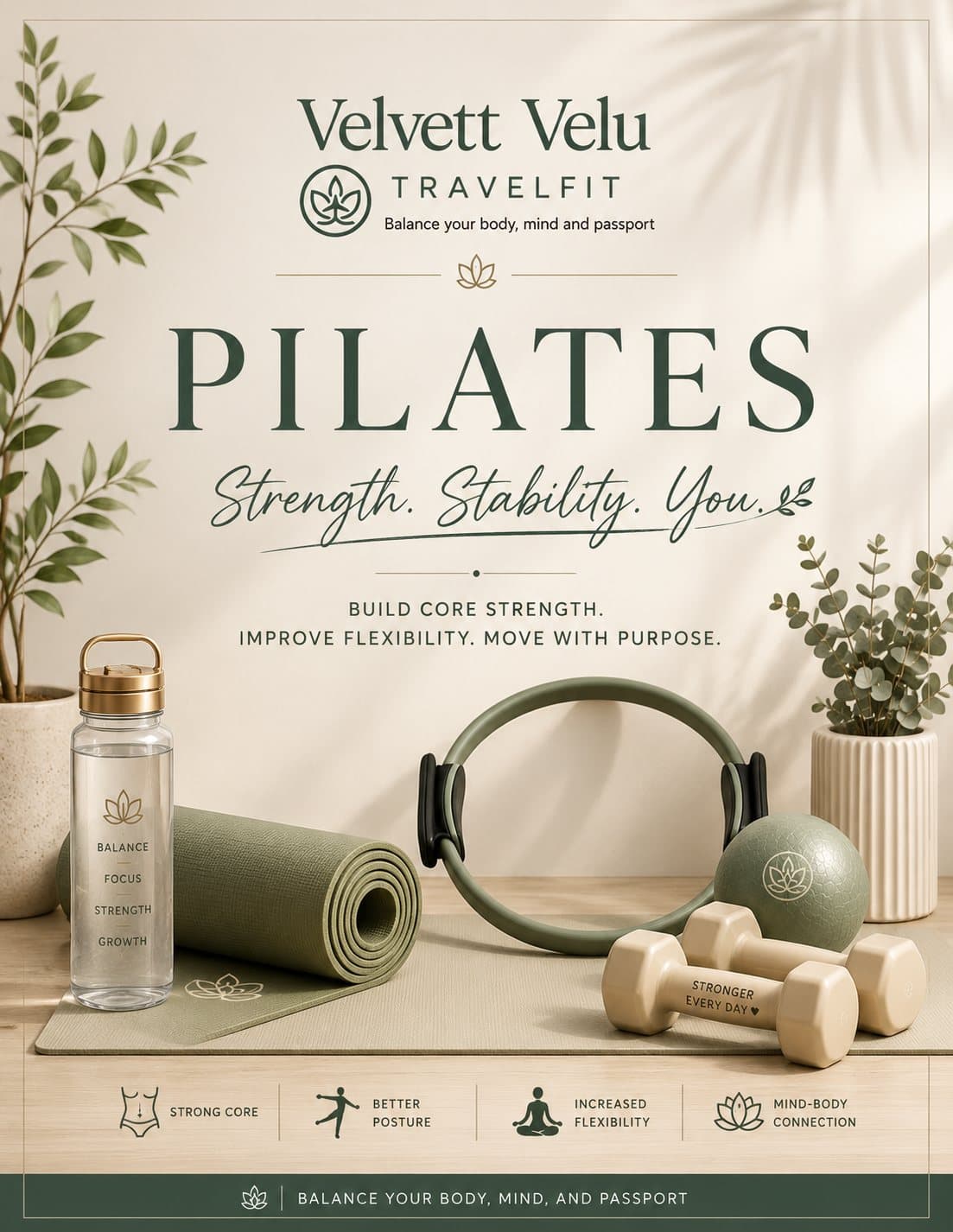 Velvett Velu Travelfit pilates programme cover — strength, stability, you