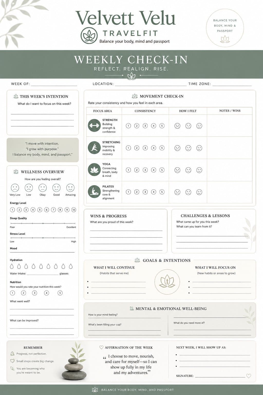 Velvett Velu Travelfit weekly check-in worksheet