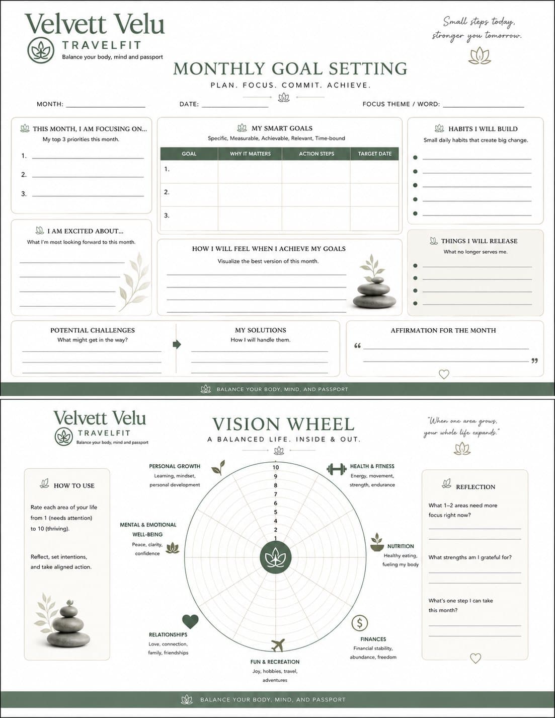 Velvett Velu Travelfit monthly goal setting worksheet with a vision wheel