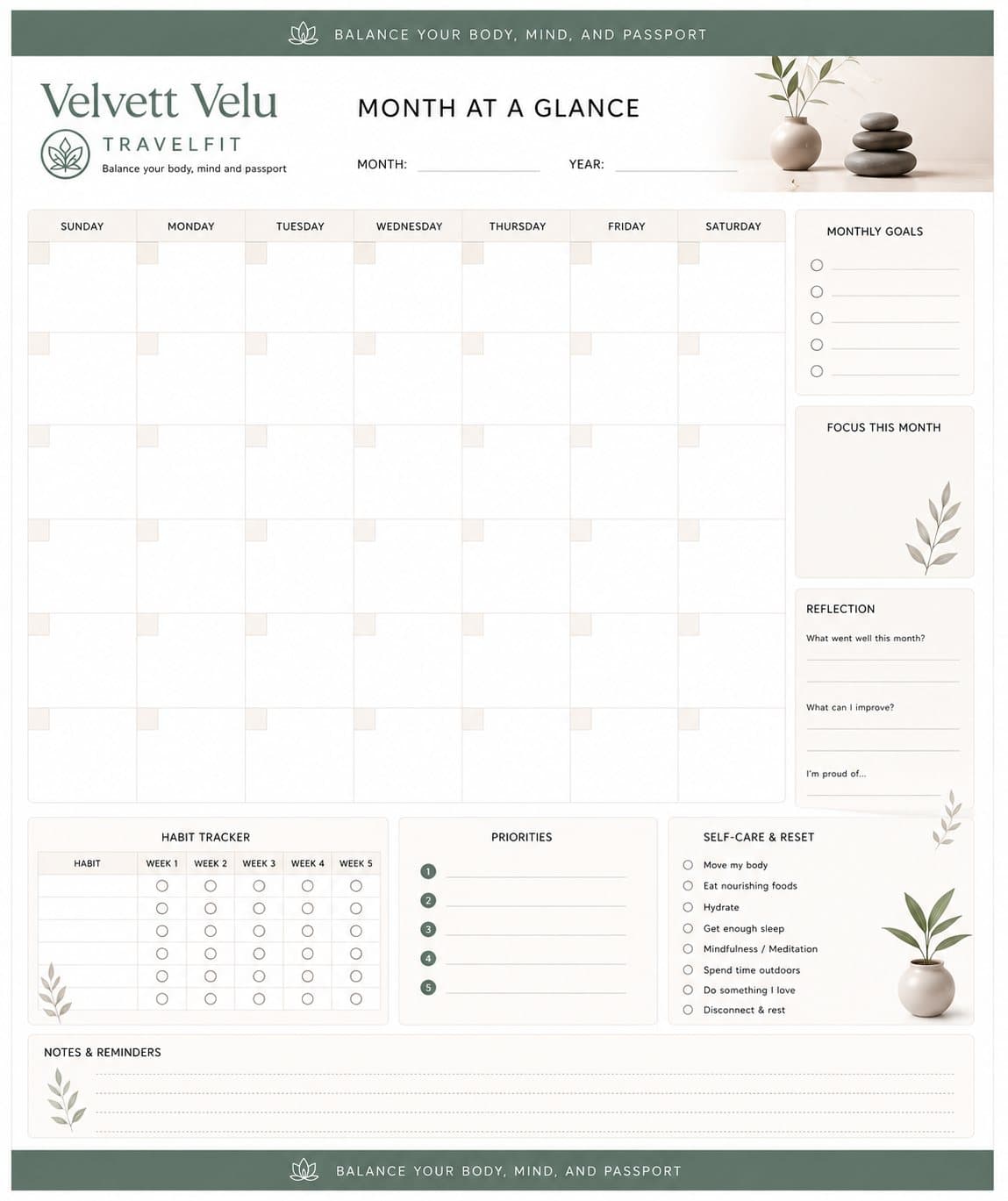 Velvett Velu Travelfit monthly planner worksheet