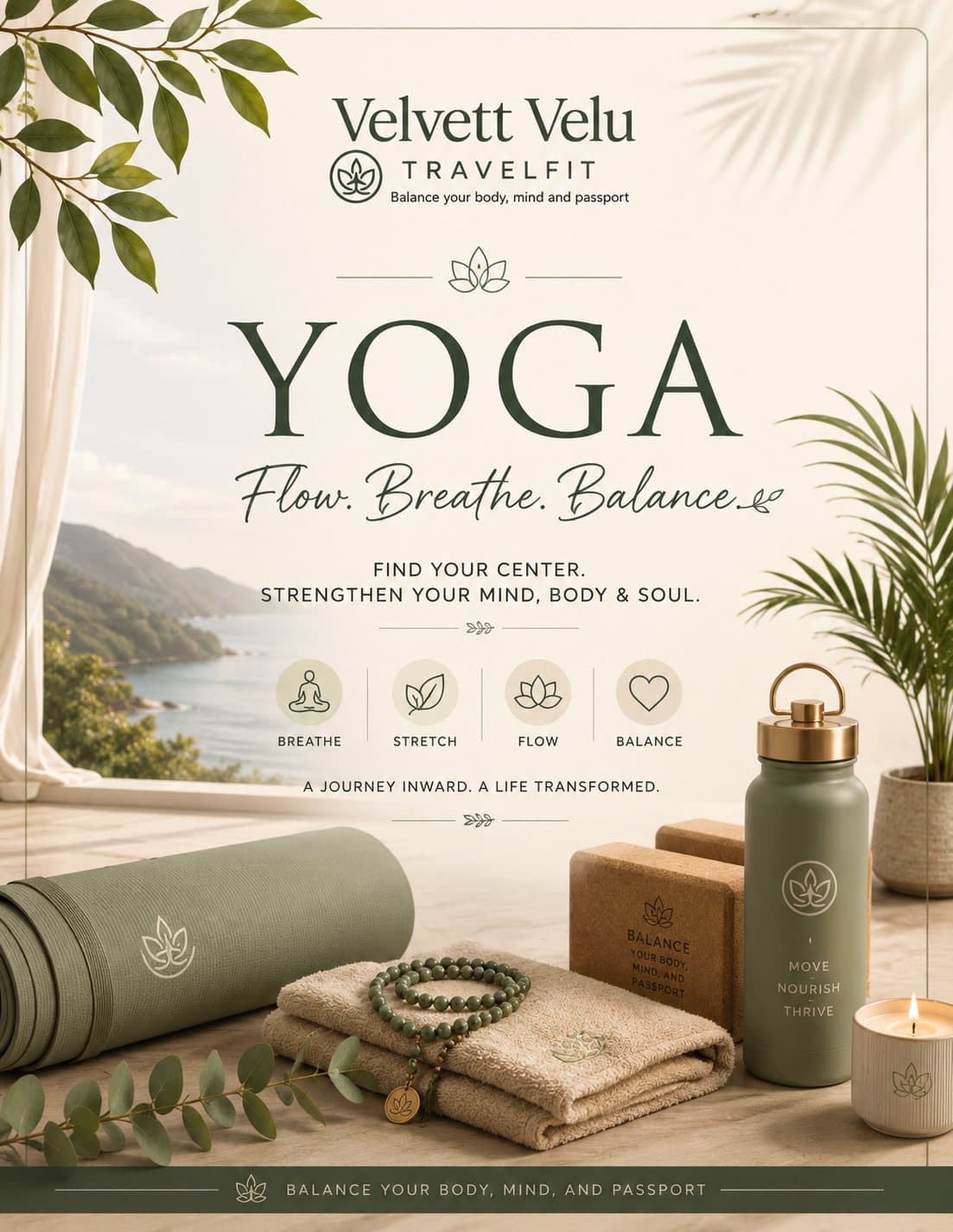 Velvett Velu Travelfit yoga programme cover — flow, breathe, balance